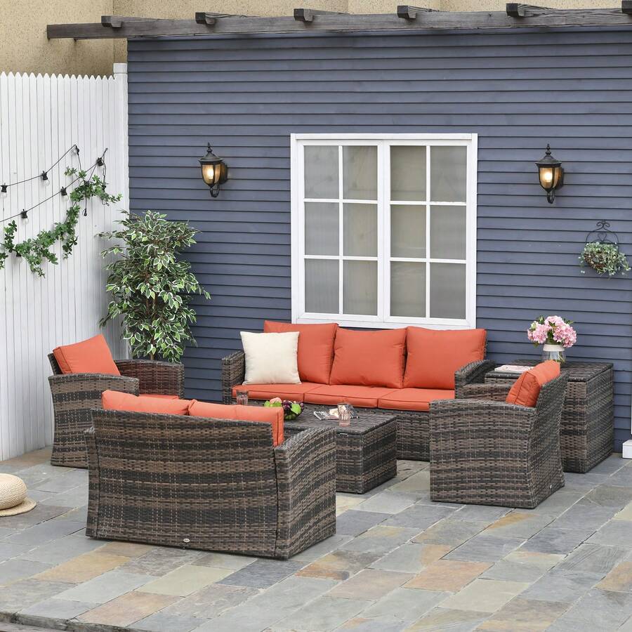 Outsunny 6 Pieces Rattan Garden Furniture Set, 7 Seater Wicker Outdoor Furniture Set With Storage Tea Table & Side Table, Sectional Garden Sofa Set With Cushions, Orange - Orange - View 1