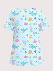 Women's Ocean & Heart Print V-Neck Multi-Pocket Scrubs Nurse Scrubs Workwear Dentist Healthcare Pet Hospital Laboratory Uniform Top