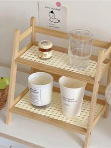 Double-Layer Bamboo Layered Storage Rack, White And Brown, Compact Structure, Saving Space, Suitable For Cosmetics, Towels, Cookers, Kitchens, Bathrooms, Desktops, Party Displays, Kitchen Supplies And Home Decoration. - Màu gỗ - Xem 7