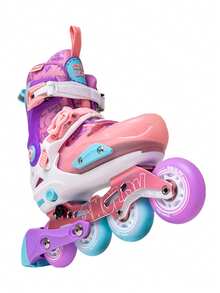 SHOLOV Adjustable Freestyle Inline Skates | Outdoor Roller Skates | High Elasticity PU Wheels | Full Soft Shoe Cover | Fashionable Upper | High-Performance Illuminating Wheels | For Beginners | Lace-Free Double Buckle Locking System | Reinforced Aluminum Alloy Frame | Full Hard Shell Protection | Multiple Color Options | For Teens | Boys/Girls - Pink - View 3