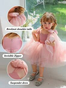 Young Girl Pink Bow Tulle Elegant Valentine's Day Party Princess Dress, Suitable For Girls' Birthday, Party, Ball, Wedding Flower Girl, Special Occasion Holiday Celebration - Pink - View 5
