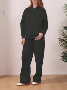 秋冬休闲纯色卫衣两件套，带帽口袋上衣搭配松紧腰抽绳直筒裤，两件套。黑色套装 - 黑色 - 查看 2