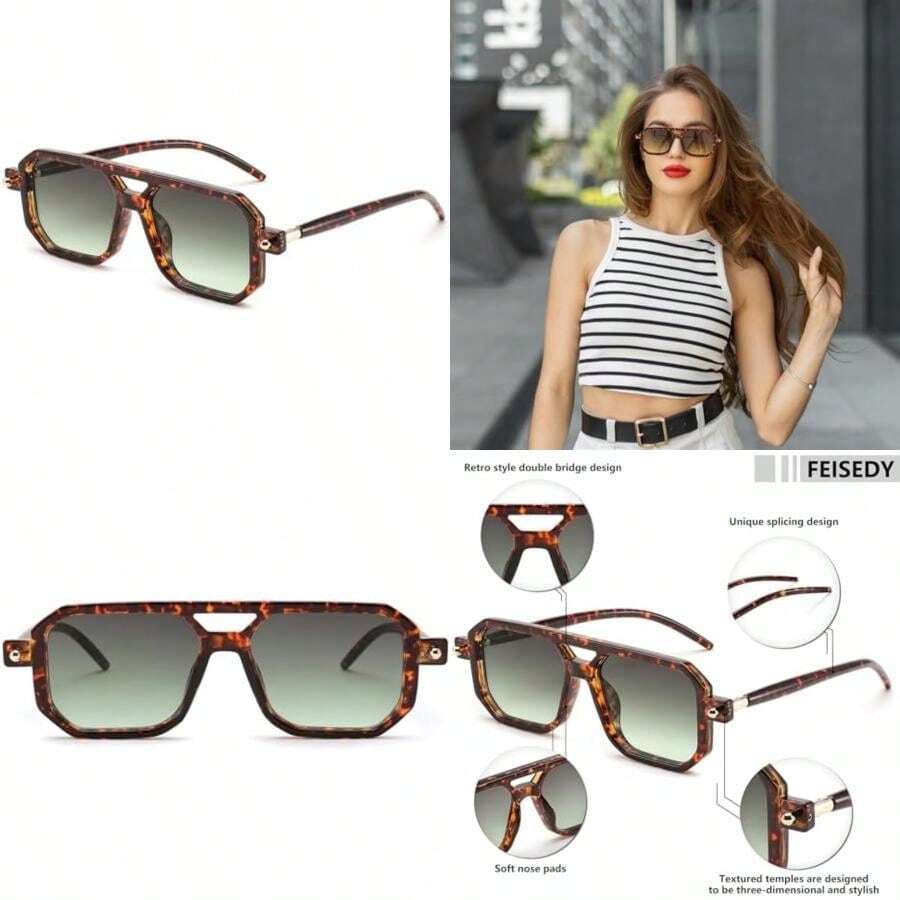 FEISEDY Vintage Square 70s Flat Aviator Women Men Classic Retro Stylish Frame B2622(021 Tortoise Frame & Gradient Grey Green Yellow Lens 52 Millimeters) - Type33 - 查看 1