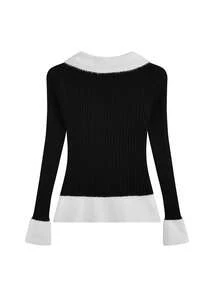 方领针织修身毛衣，春秋 - 黑色 - 查看 4