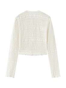 白色蕾丝开衫，正面有纽扣，褶皱荷叶边，长袖，优雅法式风格，修身剪裁，百搭女士休闲上衣，秋季 - 米色 - 查看 9