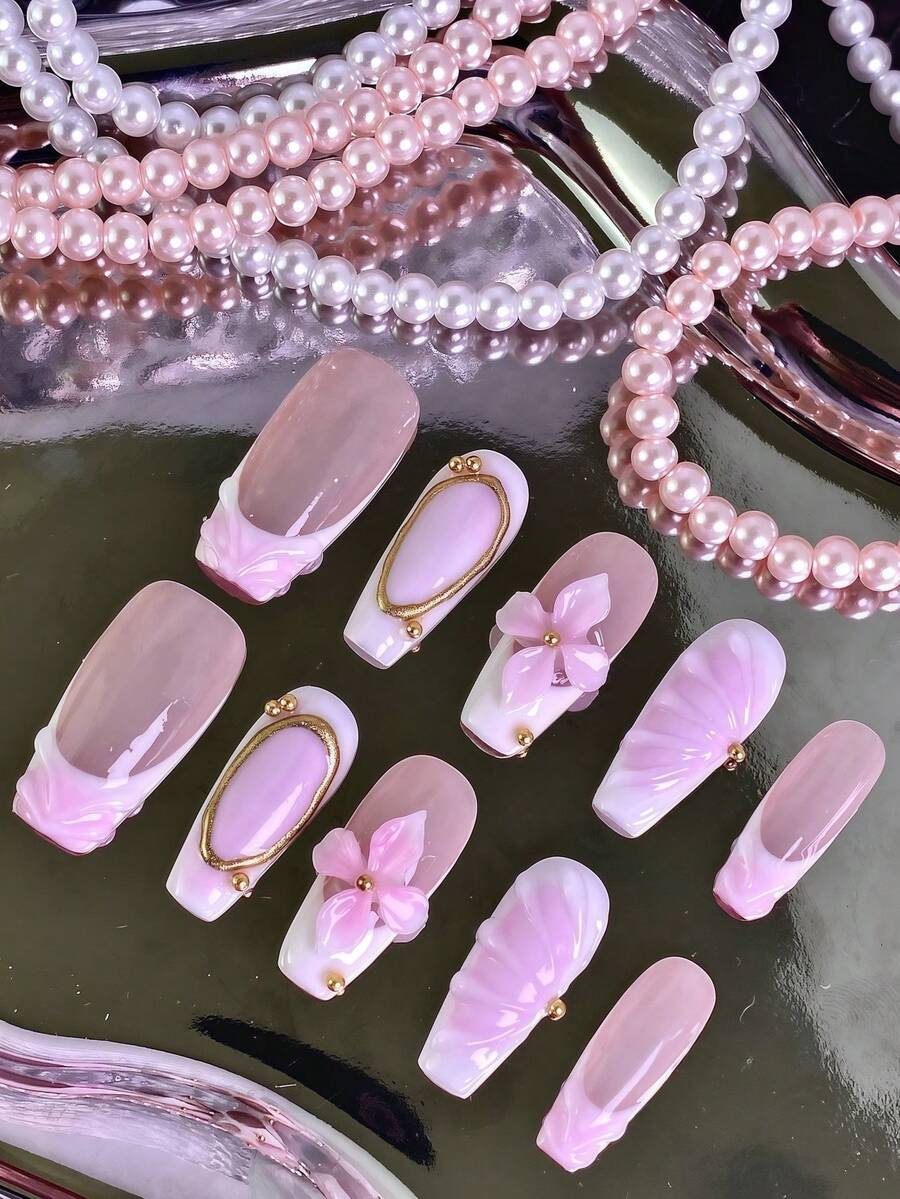 10 件女士按压指甲杏仁指甲法式指甲手工制作 3D 花卉设计多色装饰亚克力全覆盖光泽假指甲美甲套装圣诞派对生日礼物系列圣诞指甲带指甲胶