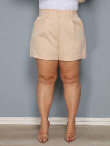 Women's Plus Size Shorts With Button Launch - 米色 - 查看 4