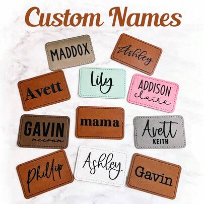 Customized Leather Name Stickers, Adhesive Stickers, Personalized Leather Patches, Knitted Hat Stickers, Hat Stickers, Sock Stickers, Iron-On Stickers, Customized Name Stickers, Backpack Name Labels, Customized Hat Name Stickers, Customized Iron-On Stickers, Customized Diaper Bag Labels