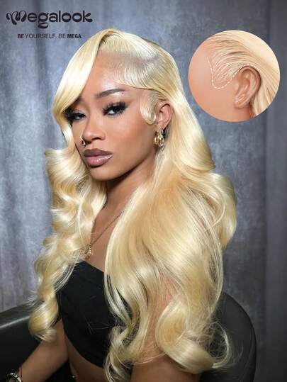 MEGALOOK #613 升级版金色波浪13x6三合一™蕾丝前假发 - 100%真人发丝，18-30英寸长波浪假发，预剪预拔自然发际线，耳到耳蕾丝前假发，金色 - 轻盈可调节透气帽，柔软弹力，全天舒适 - 无需胶水，极少掉发，耐用，隐形无痕 - 适合万圣节、婚礼、圣诞派对、度假、返校、约会之夜等场合，女士商务假发