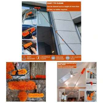 20+ Feet High Reach Duster Kit With 3 - 14 Ft Extension Pole High Ceiling Dusting And Window Cleaning Kit With Spliceable Pole - Window Washer Squeegee, Cobweb Duster, Fan Blade And Dusters