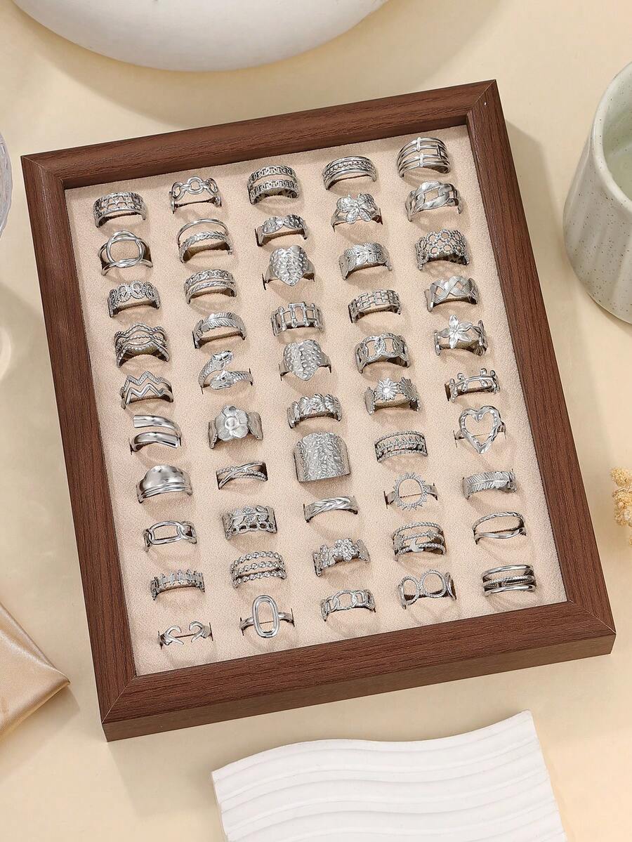 6/16/12/24 件不锈钢金银混合几何图案可调节戒指套装，款式随机，高品质戒指，适合女士日常装饰或送礼 - 銀色 - 查看 1