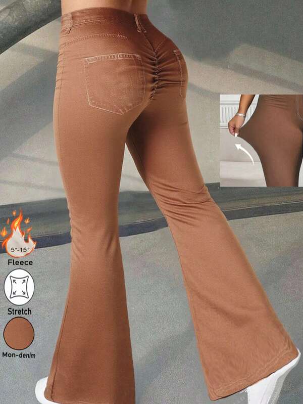 Plus Size Women High Waist Flared Pants, Thermal Lined, Fashion, Solid Color, Slim Fit, Elastic Waist, Pleated, Comfortable, Winter