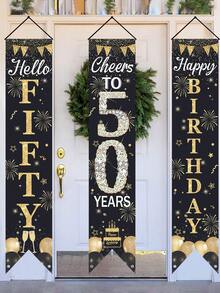 3pcs Black & Gold 50th Birthday Door Sign, Black & Gold Birthday Polyester Hanging Banner "Hello 50, Cheers To 50!", Balloon, Cake, Champagne, Firework Design 50th Birthday Decor, 50th Birthday Party Room Decoration - Black Gold 50th Birthday - View 5