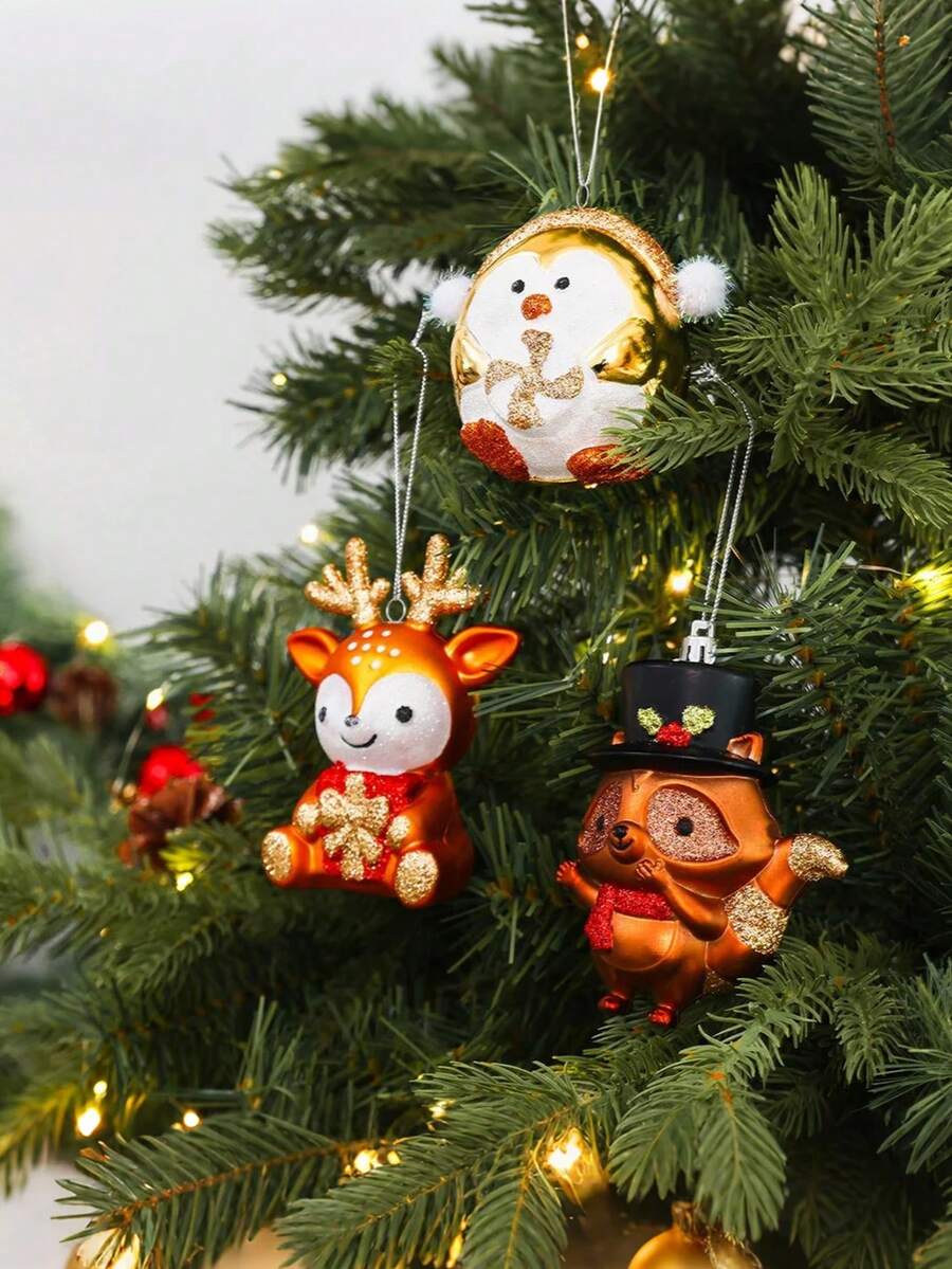 Poudre adhésive dorée brillante, pendentif en plastique Ins, décoration de Noël 3D, ornement pour sapin de Noël - pendentifs de dessin animé pastel avec pingouins, écureuils, cerfs. Ornements de fête pour la maison, les vitrines de magasin, les décorations de sapin de Noël en forme de bonbon pour la décoration de fête de Noël, artisanat DIY, décoration de fenêtre de sapin de Noël Ins 3D, convient pour les cadeaux de Nouvel An et de Noël, les fournitures de fête, la décoration de la table à manger, de la cheminée et du salon
