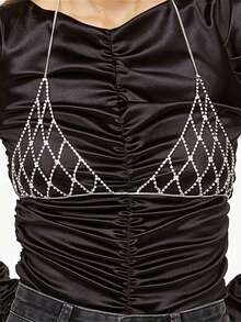 1pc Sexy Hollow Mesh Chest Chain, Rhinestone Bikini Body Chain Accessory For Nightclub, Stage Performance