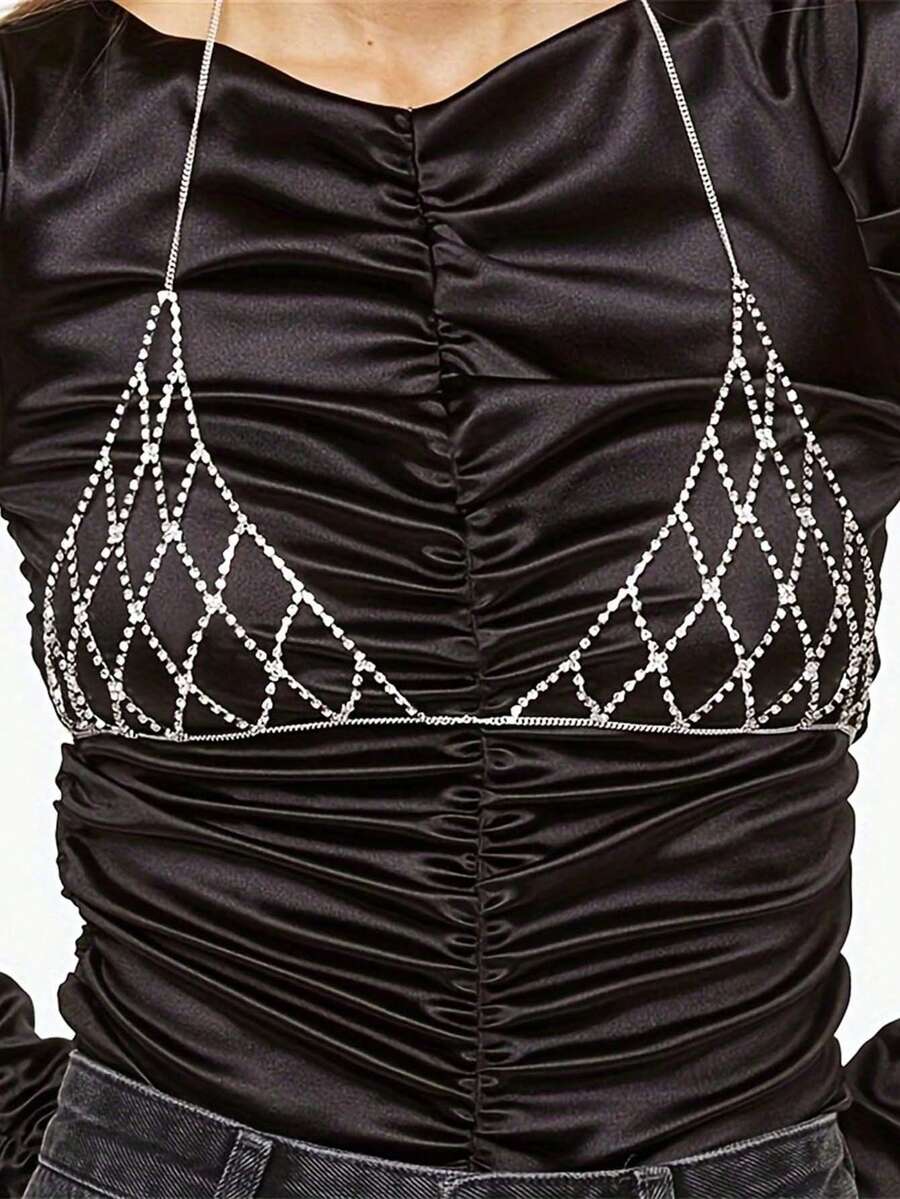 1pc Sexy Hollow Mesh Chest Chain, Rhinestone Bikini Body Chain Accessory For Nightclub, Stage Performance