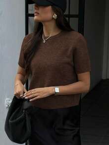 FOR BEAUTY Spring And Summer And Autumn New Women's Coffee Color Simple Temperament Commuting Pullover, Street Elegant College Casual Style, Small Round Neck Solid Color Christmas Knit Top - cà phê - Xem 3