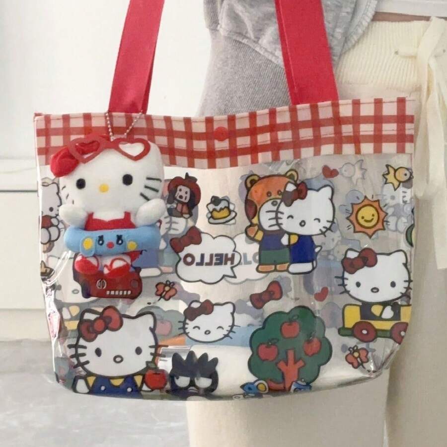 Sanrio 1pc Sanrio Transparent Storage Bag, Transparent PVC Large Capacity Handbag, High Beauty Cartoon Shopping Bag, Cute Printed Shoulder Bag, Waterproof Summer Storage Bag, Versatile Large Capacity Makeup Bag