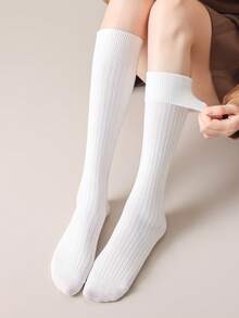 1 Paio di Calze Lunghe Alla Caviglia in Cotone Donna, Colore Unito Costine, Stile Minimalista Alla Moda per la Scuola, Calze Calde e Confortevoli - Multicolore - Visualizzare 11