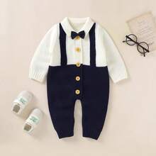 Infant Gentleman Style Knit Romper, Small Collar Bow Design, Casual Jumpsuit