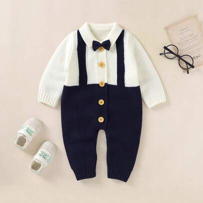Stickad jumpsuit för spädbarn, gentlemanmodell, liten krage, rosettdesign, avslappnad jumpsuit
