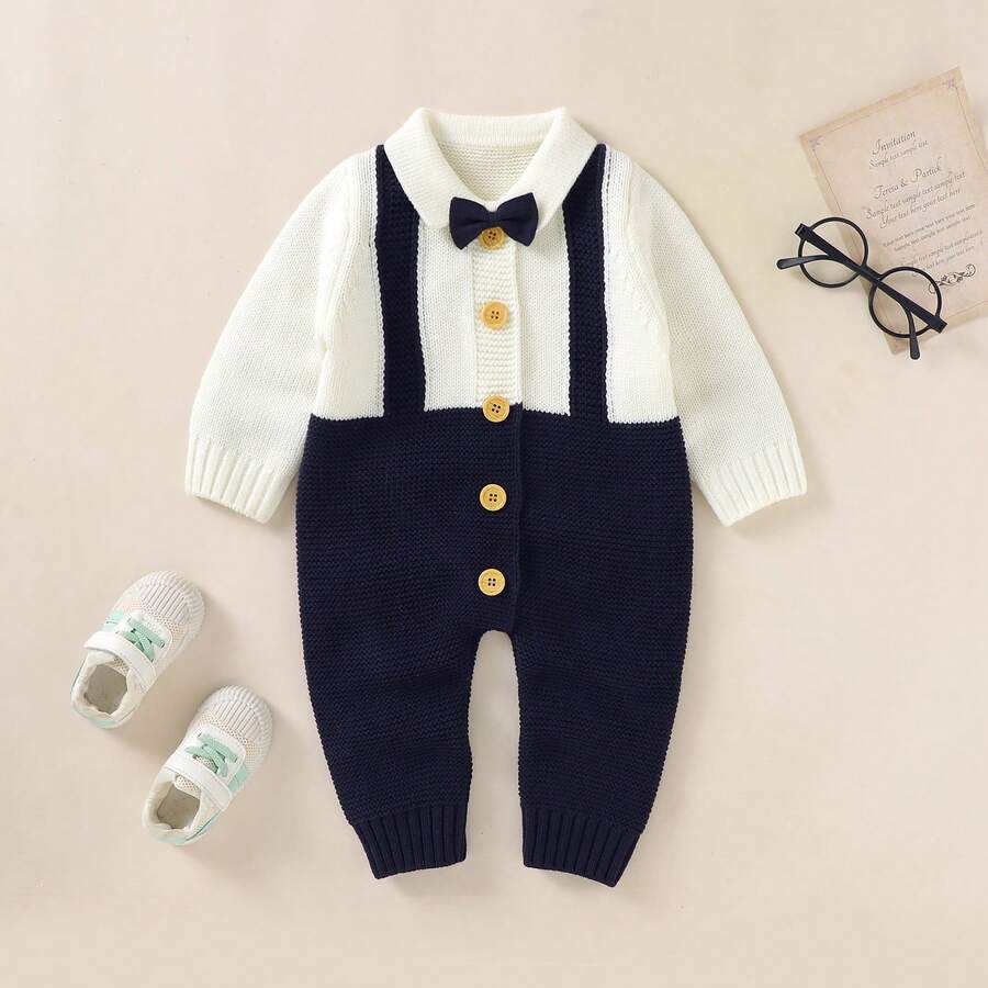 Infant Gentleman Style Knit Romper, Small Collar Bow Design, Casual Jumpsuit