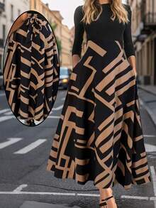 Keke Bloomly 圣诞新款时尚简约几何图案蝴蝶结长裙，束腰百搭女士派对装 - 棕色 - 查看 1