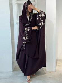 1 pieza Hiyab bordado con chal, conjunto de hiyab + abaya de moda, adecuado para uso diario de mujeres, para todas las estaciones - Multicolor - Ver 7