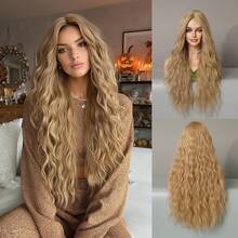 PIAOYUN 万圣节服装假发与长波浪卷发金发女士假发自然分叉合成假发日常使用耐热派对假发 - 金色 - 查看 2