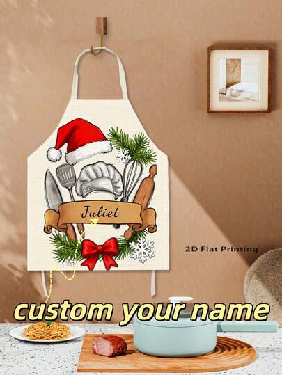 1pc Christmas Hat Pattern Apron, Customizable Name And Color, Mom's Apron Gift, Christmas Gift Apron, 55*68cm