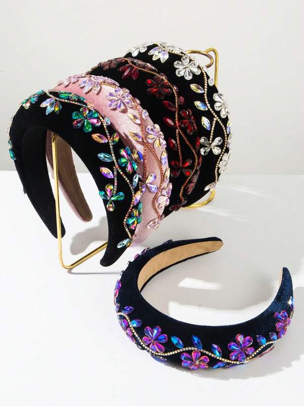 1pc Women's Korean Velvet Thickened Sponge High Crown Headband, Vintage Fashion Super Shiny Baroque Rhinestone Flower Decor, High-Quality Luxury Versatile Headpiece For Evening Party, Purple, Beauty, Hair Band Hair Hoop