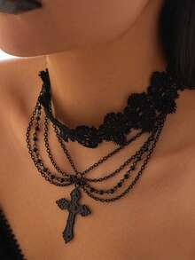 1pc Gothic Style Black Lace Choker Necklace With Cross Pendant & Tassels, Vintage Fashion Collar Necklace