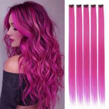 5pcs Set Colorful Clip In Synthetic Hair Extension Long Straight  For Women Girls With Cosplay - Hot Pink - View 10