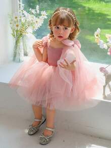 Young Girl Pink Bow Tulle Elegant Valentine's Day Party Princess Dress, Suitable For Girls' Birthday, Party, Ball, Wedding Flower Girl, Special Occasion Holiday Celebration - Pink - View 7