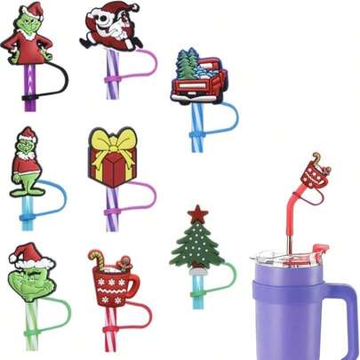 8Pcs Christmas Straw Toppers - 10mm Reusable Dust-Proof Straw Covers For Small Size Cups &Amp; Tumbler
