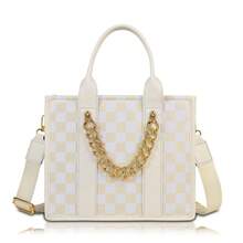 Damska torba typu tote o dużej pojemności w kratkę z regulowanym, odpinanym paskiem – beżowo-brązowa krata, złote okucia, zapięcie na zamek, nylon i torebka na co dzień, do pracy, w podróż, na zakupy – stylowa, swobodna torba typu crossbody w kolorze beżowym, brązowym i czarnym | Uniwersalna, duża pojemność, wytrzymały nylon i materiał poliuretanowy, elegancki wzór w kratkę, złote okucia, podszewka, idealna na imprezy i zajęcia na świeżym powietrzu