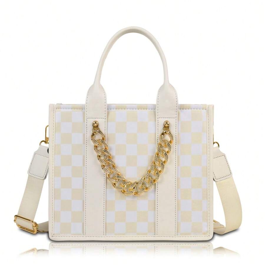 Damska torba typu tote o dużej pojemności w kratkę z regulowanym, odpinanym paskiem – beżowo-brązowa krata, złote okucia, zapięcie na zamek, nylon i torebka na co dzień, do pracy, w podróż, na zakupy – stylowa, swobodna torba typu crossbody w kolorze beżowym, brązowym i czarnym | Uniwersalna, duża pojemność, wytrzymały nylon i materiał poliuretanowy, elegancki wzór w kratkę, złote okucia, podszewka, idealna na imprezy i zajęcia na świeżym powietrzu