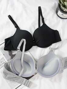 2 Paquetes de Sujetador con Aro Ajustable,Sostenes de lencería sexy con aros de sujeción, de cobertura total sin costuras, transpirables y lisos, en multicolor para mujer - Negro+gris - Ver 5