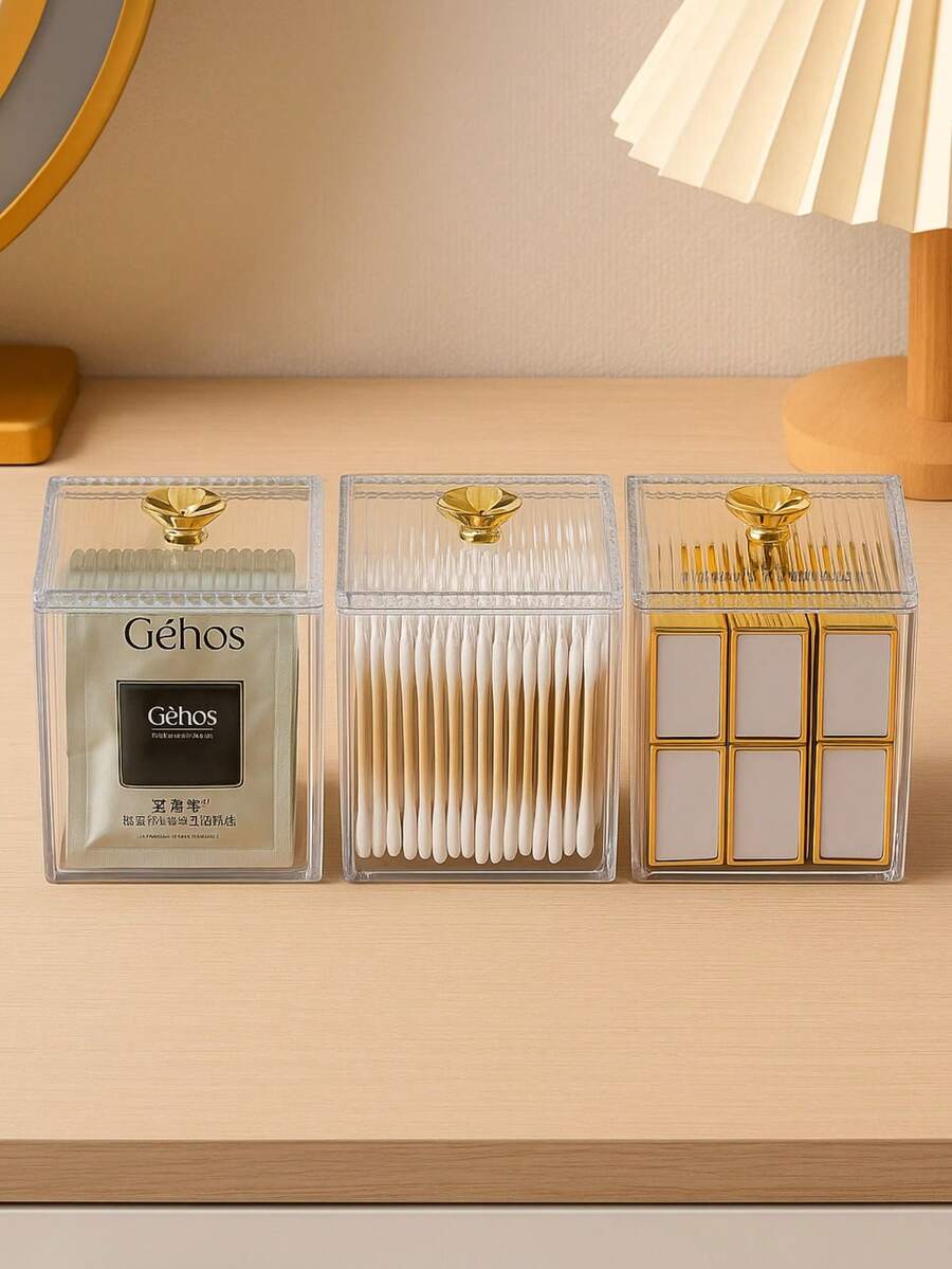 Kit Of 3 Multipurpose Jars, Cotton Swab Holder, Acrylic Accessories Organizer With Transparent Lid - Multicolor - View 1