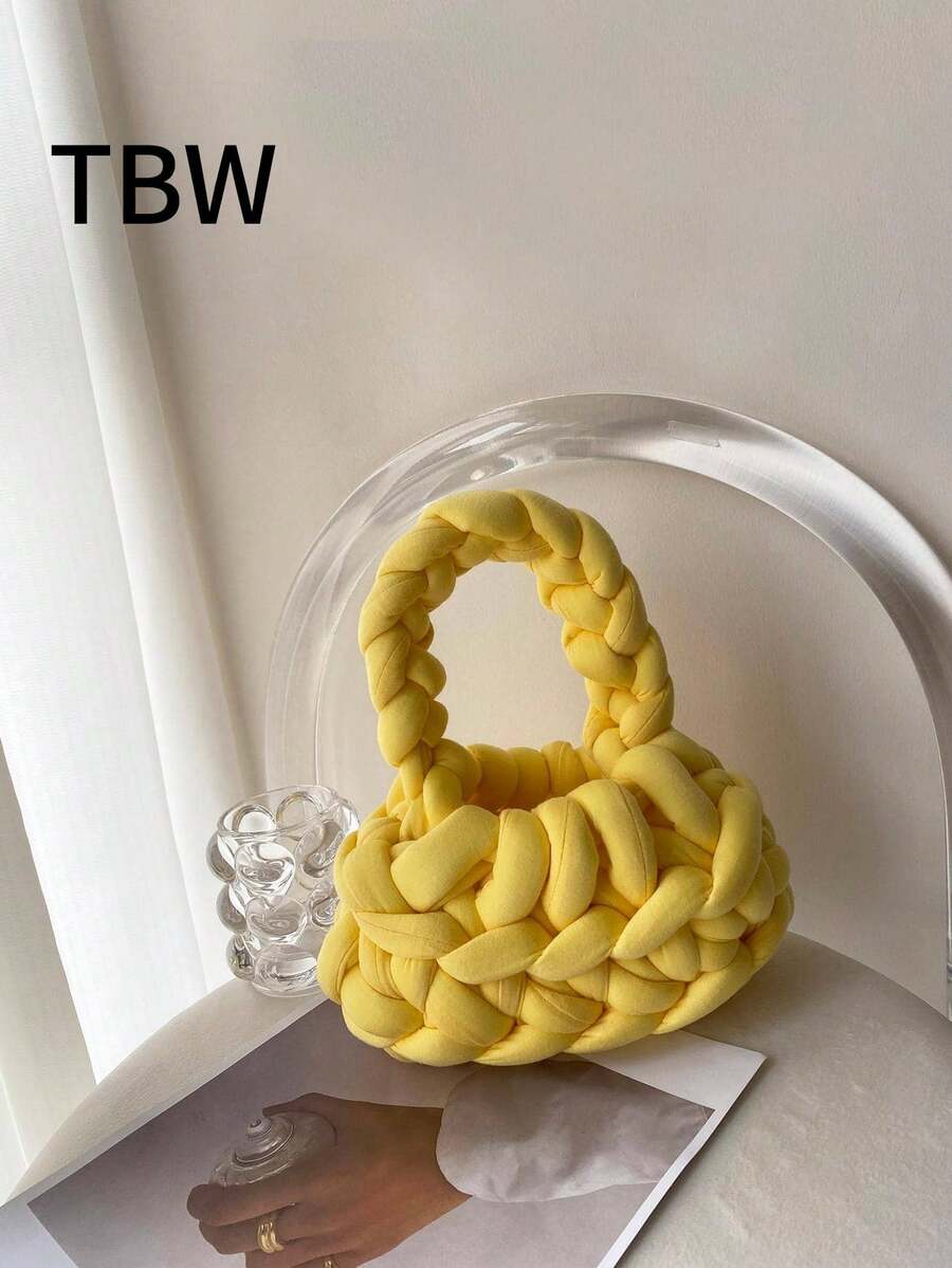 Ladies' Handbag, Hooked And Woven, Solid Color, Handmade, Hollow Design, Fashionable And Minimalist, Suitable For Outings And Shopping. - Yellow - View 1