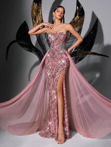 Đầm dạ hội đính sequin thanh lịch dành cho thiếu nữ, phù hợp dự tiệc cưới, tiệc sinh nhật, dạ tiệc, tiệc cocktail, đầm dạ hội không tay màu hồng phối lưới, xẻ tà, ôm sát. - Hồng - Xem 2