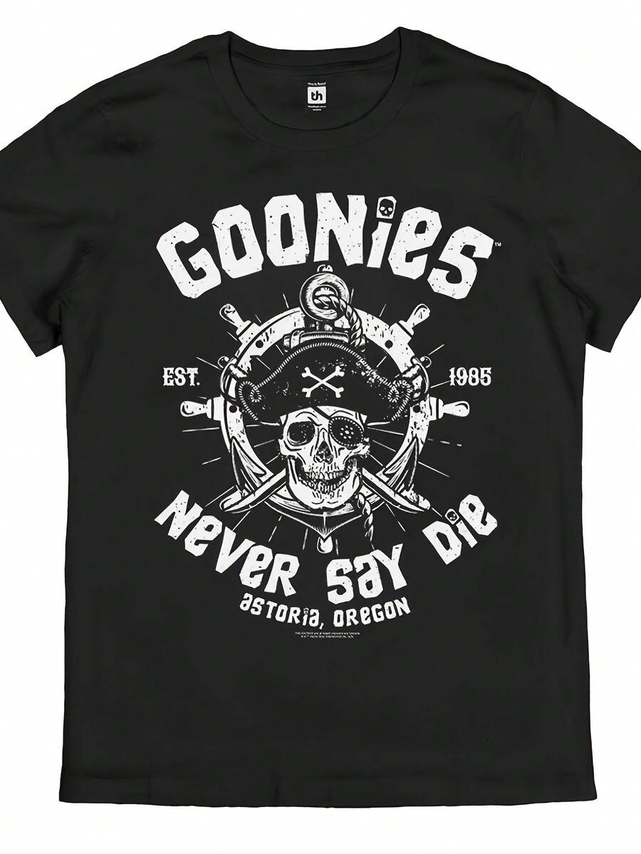 Men's Goonies "Never Say Die" Vintage Pirate Graphic T-Shirt 1985 Movie Skull & Crossbones Design Retro Cinema Tee Birthday Party Costume Apparel - 黑色 - 查看 1