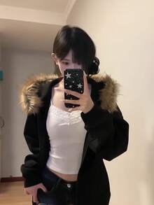 Women's Winter Faux Fur Hooded Coat - Black, Windproof, Durable With Pockets, Thick Polyester Knit, Harajuku Style, Zip-Up Front, Long Sleeves, Comfortable For Cold Weather, Casual Work Coat, Sleek Modern Jacket With Functional Pockets, Winter Coat