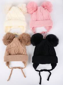 1 件纯色菱形图案婴儿钩针帽带绒球，秋冬幼儿男童女童日常休闲防寒保暖帽带耳帽 - 彩色 - 查看 5