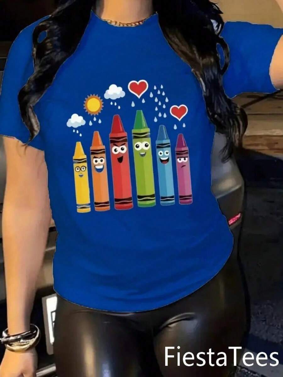 Ladies' 220g pure cotton multi-color T-shirt with colorful pen weather patterns, soft and breathable short sleeved T-shirt for all seasons, Y2K millennium style, street fashion, strong Halloween, Christmas, and Day of the Dead, popular Mexican clothing T-shirt, moisture wicking, machine washable, suitable for sports and outdoor travel, casual wear, celebration parties, holiday costumes, and beach vacations, women's gift first choice! - Azul - Ver 1
