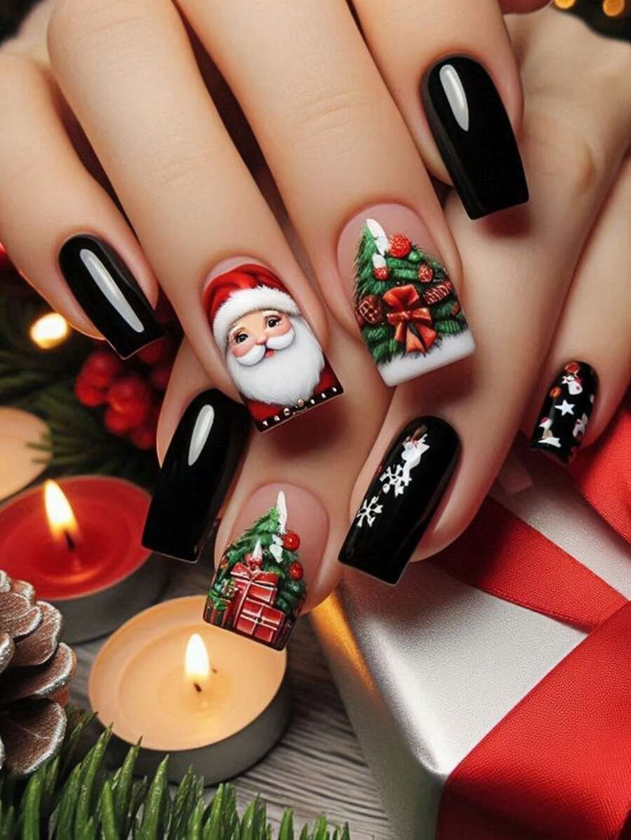 Paznokcie świąteczne, śliczne paznokcie, Święty Mikołaj, choinka, jesienne paznokcie prasowane