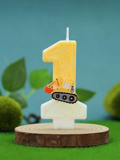 1pc Excavator Shaped Flashing Digital Birthday Cake Candle, Birthday Party Decor, Includes 0-9 Numbers & Letters, Shiny Yellow & White Construction Vehicle Themed Candle, Suitable For Birthday Party, Handmade, Unisex, Also Suitable For Graduation Ceremony Or Wedding Anniversary