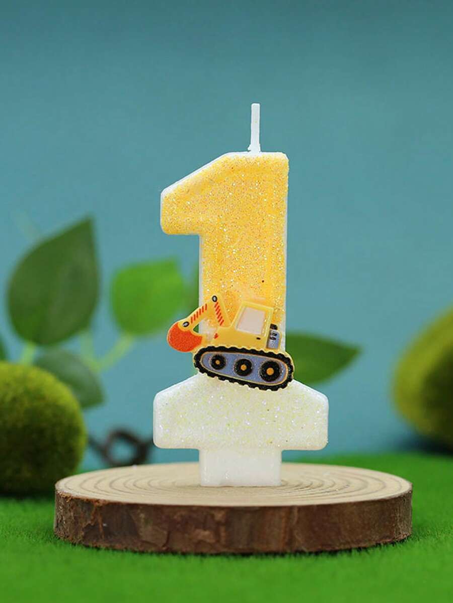 1件裝挖掘機閃爍數位生日蛋糕蠟燭，生日慶祝用，含0-9數字與字母