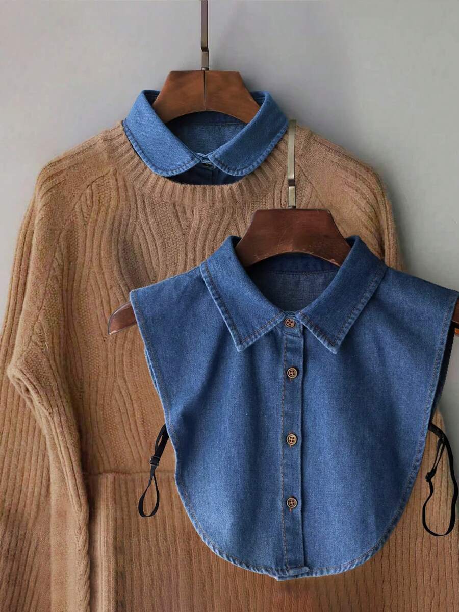Minimalist Denim Pointed Collar Shirt Styling Detachable Round Collar, Versatile Accessory Suitable For Autumn/Winter Clothing