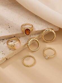 6pcs/Set Boho Retro Multilayer Glass Rhinestone Embellished Rings, Chunky Jewelry Set For Women, Daily Wear And Vacation Decoration, Ideal Gift For Friends - Multicolor - View 4